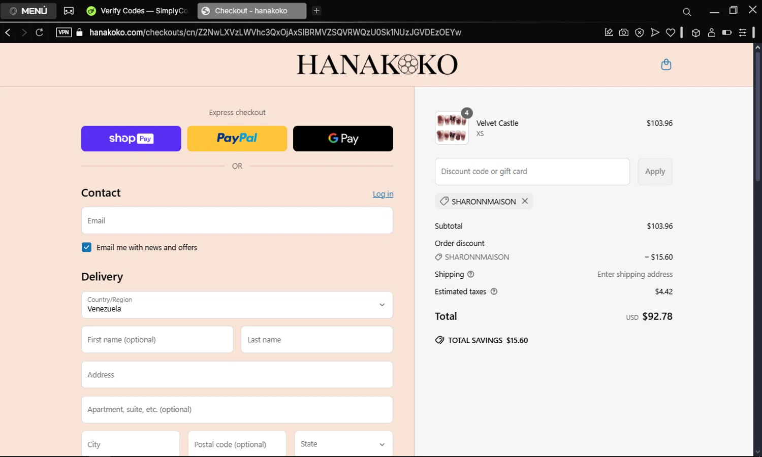 hanakoko discount code screenshot showing code SHARONNMAISON applied at hanakoko checkout page. Uploaded by SimplyCodes community member BonusDefender4693 on Mar 19, 2025