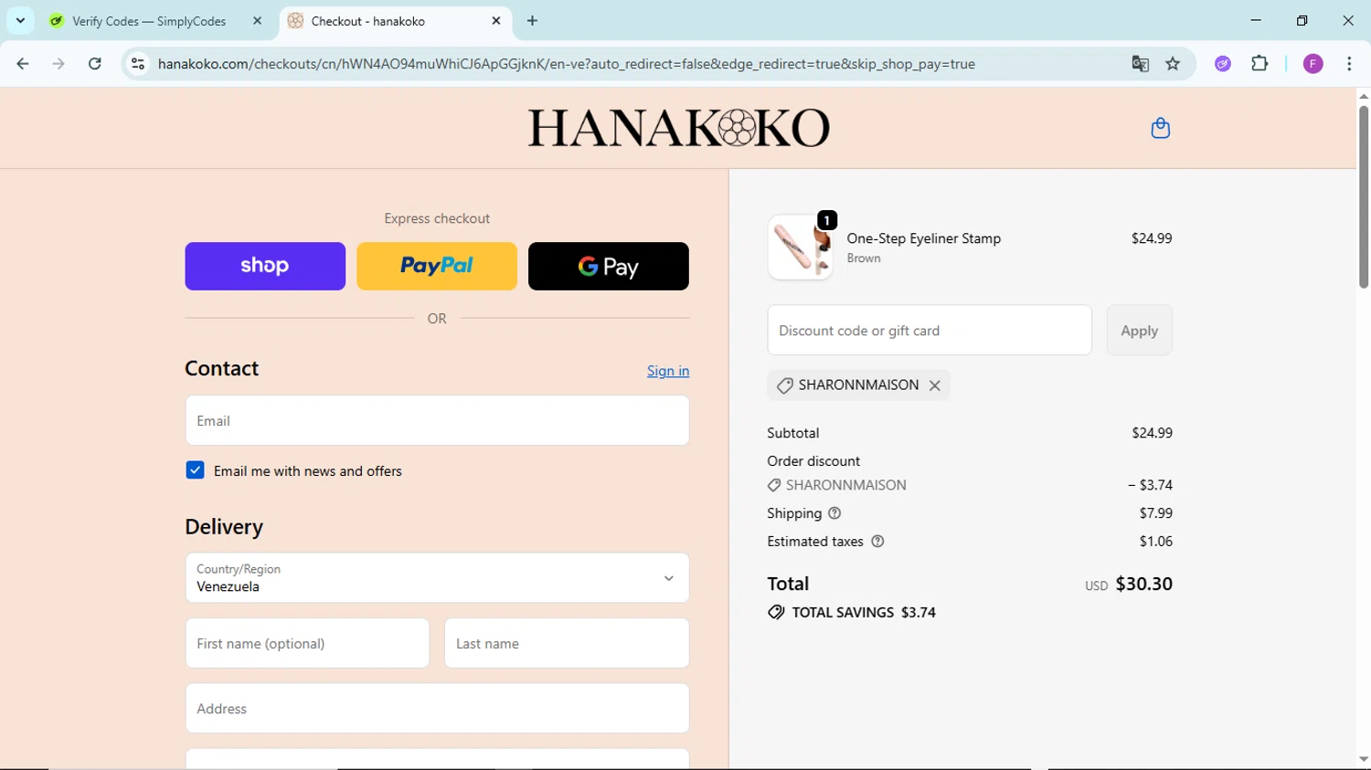 hanakoko discount code screenshot showing code SHARONNMAISON applied at hanakoko checkout page. Uploaded by SimplyCodes community member ShieldTitan6985 on Oct 16, 2025