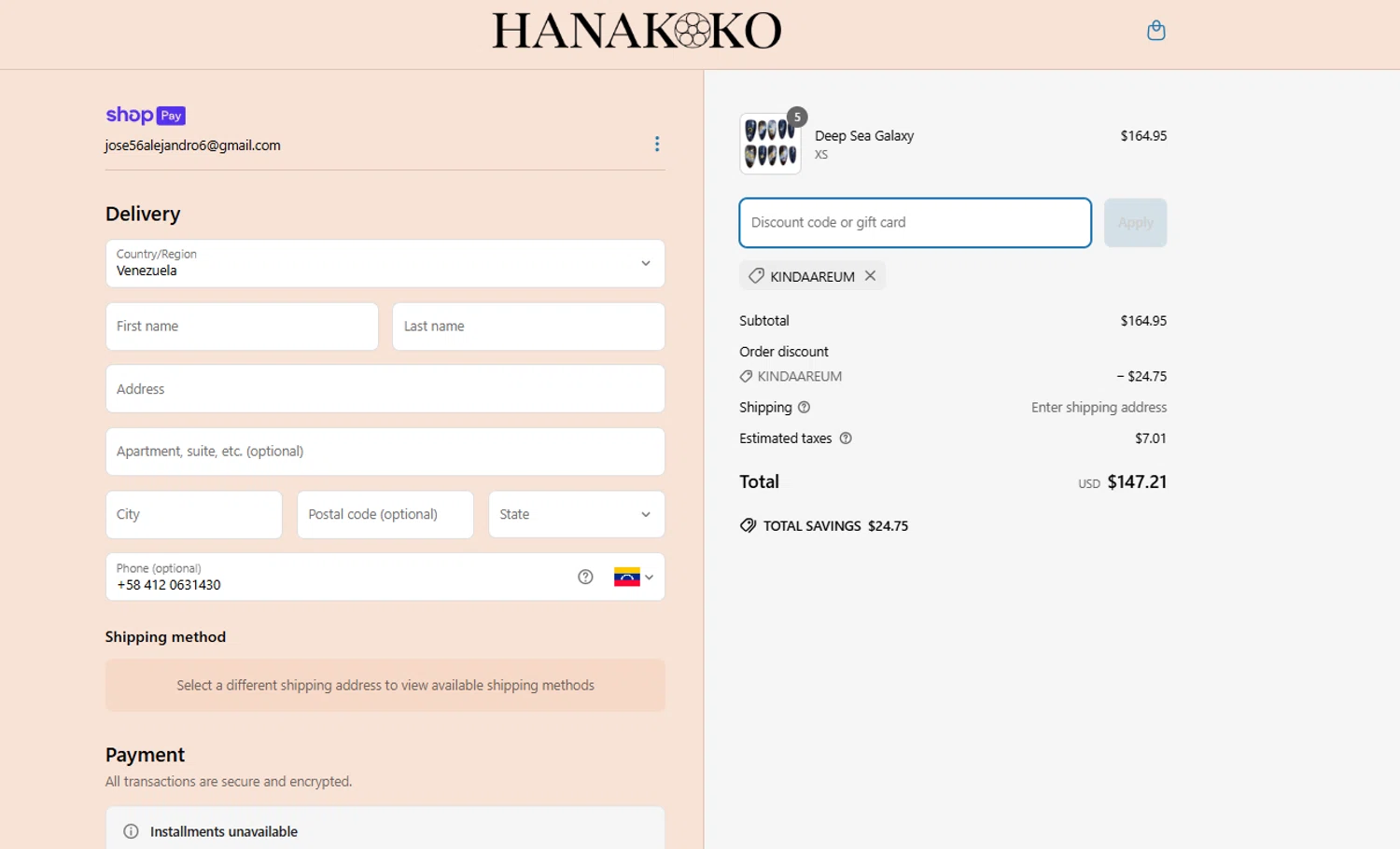 hanakoko discount code screenshot showing code KINDAAREUM applied at hanakoko checkout page. Uploaded by SimplyCodes community member Kmacho on Mar 27, 2025