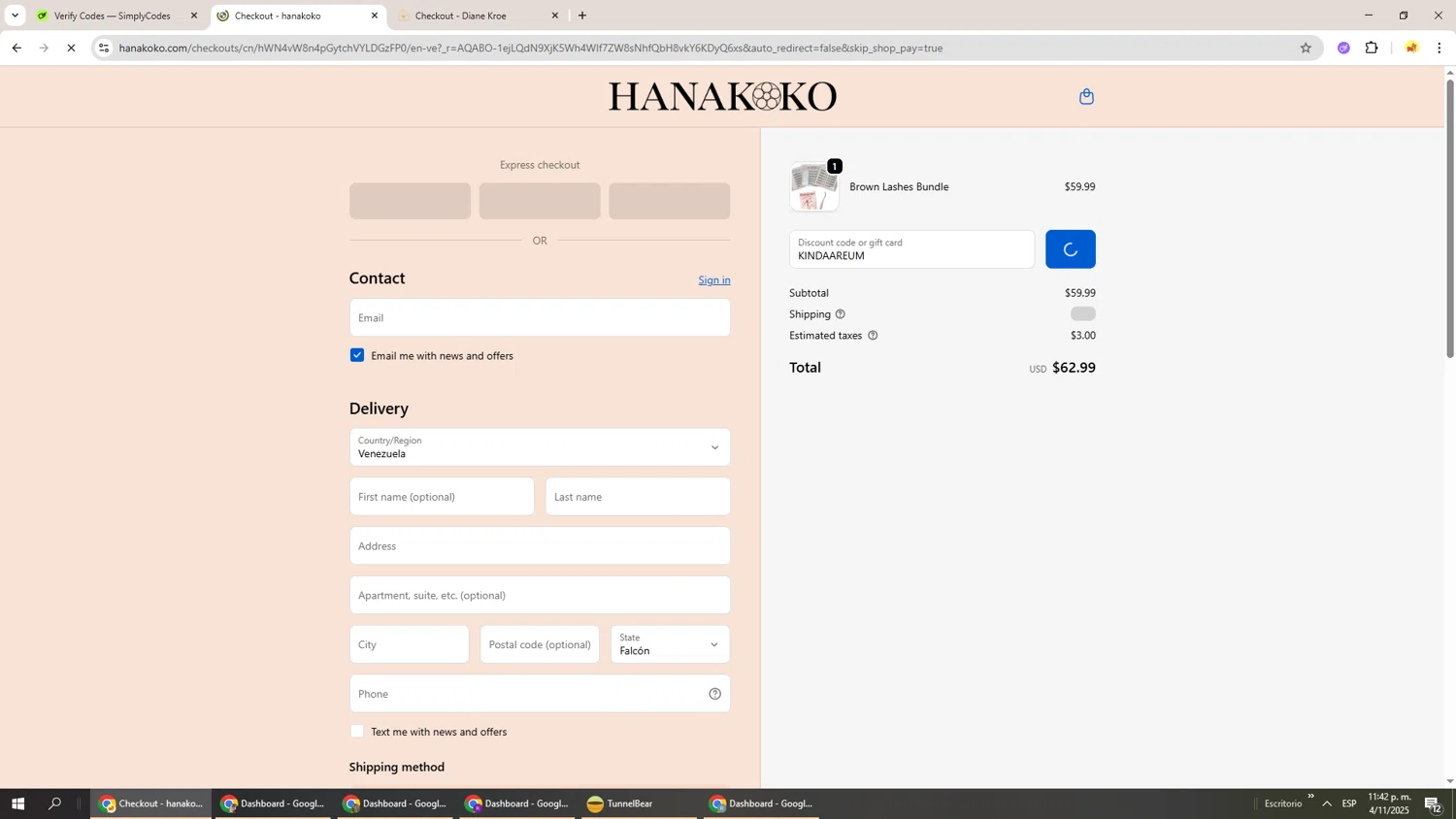 hanakoko discount code screenshot showing code KINDAAREUM applied at hanakoko checkout page. Uploaded by SimplyCodes community member Richard251 on Nov 5, 2025