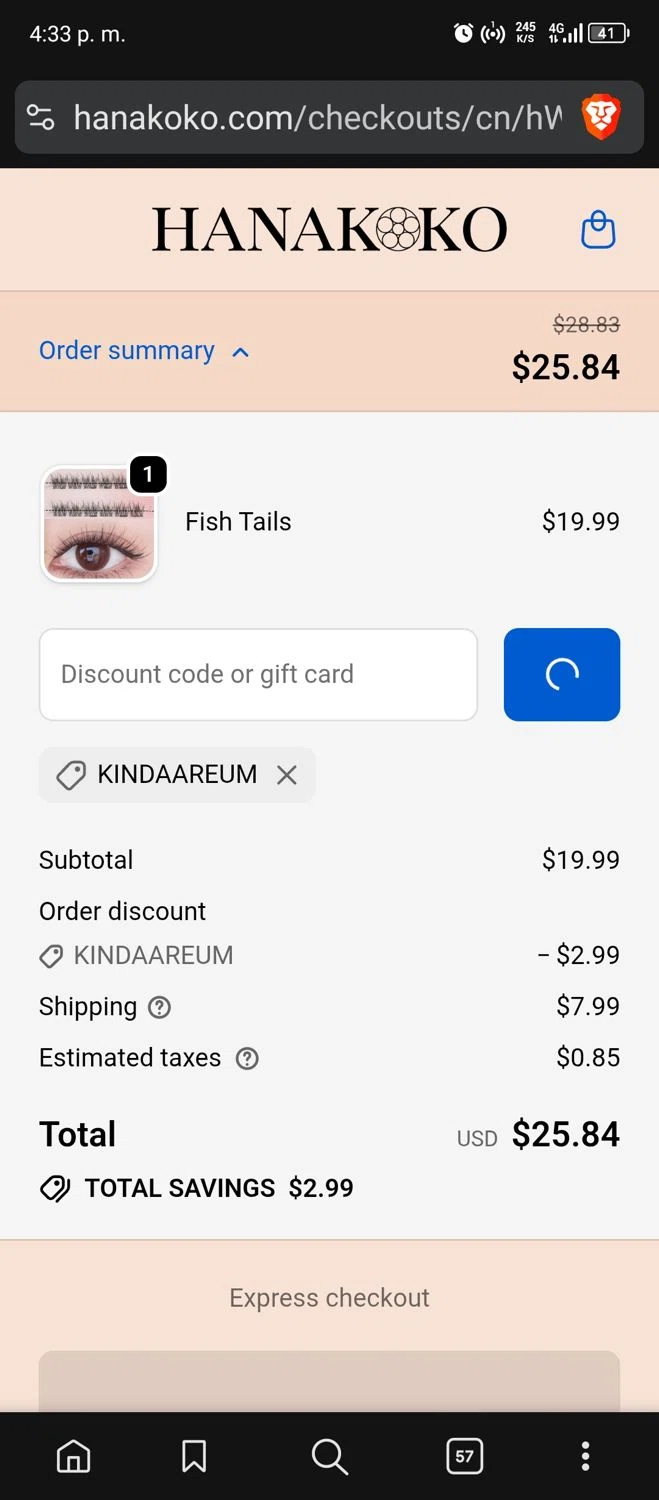 hanakoko discount code screenshot showing code KINDAAREUM applied at hanakoko checkout page. Uploaded by SimplyCodes community member usermariee on Dec 6, 2025