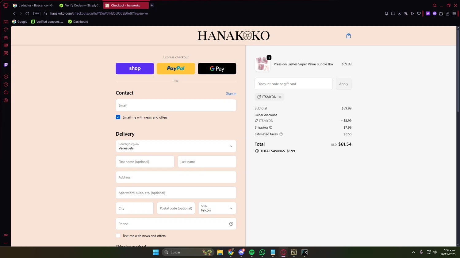 hanakoko discount code screenshot showing code ITSMYDN applied at hanakoko checkout page. Uploaded by SimplyCodes community member LuckyVoyager5522 on Nov 26, 2025