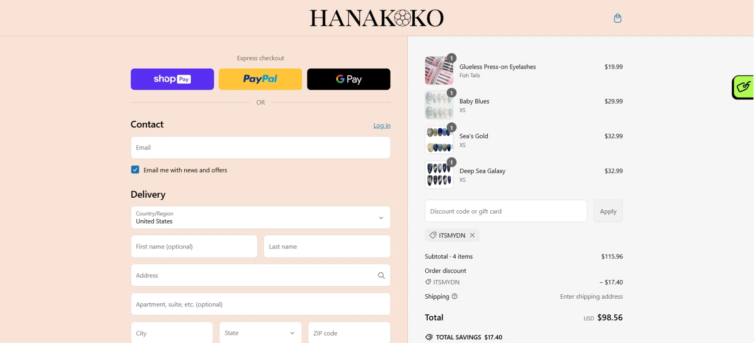 hanakoko discount code screenshot showing code ITSMYDN applied at hanakoko checkout page. Uploaded by SimplyCodes community member HoneyJean on Mar 9, 2025