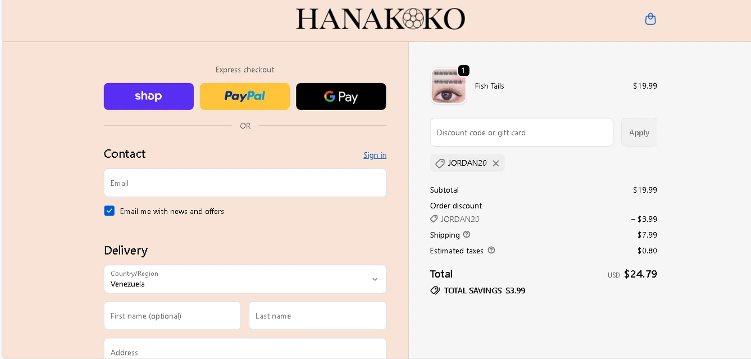 hanakoko discount code screenshot showing code jordan20 applied at hanakoko checkout page. Uploaded by SimplyCodes community member shark12 on Dec 11, 2025