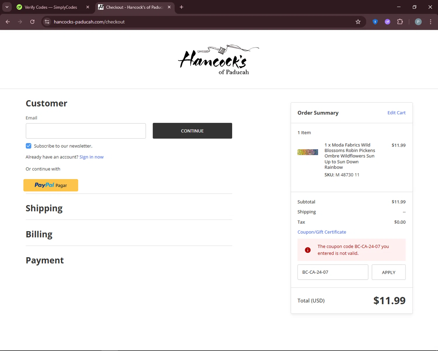 Hancock's of Paducah coupon code screenshot showing code BC-CA-24-07 applied at Hancock's of Paducah checkout page. Uploaded by SimplyCodes community member DiscountEagle6247 on Jul 3, 2025