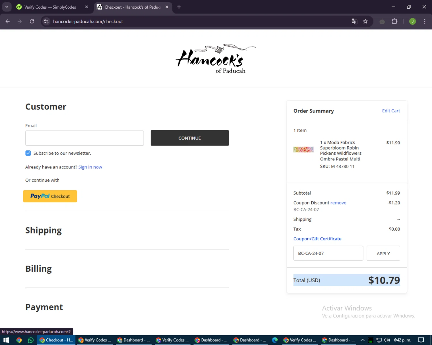 Hancock's of Paducah checkout page showing Hancock's of Paducah coupon code box | Screenshot taken by SimplyCodes community member on May 13, 2025