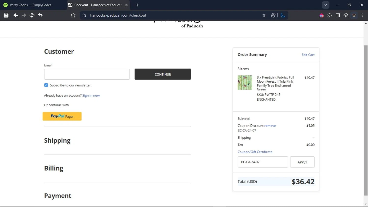 Hancock's of Paducah checkout page showing Hancock's of Paducah coupon code box | Screenshot taken by SimplyCodes community member on Apr 29, 2025