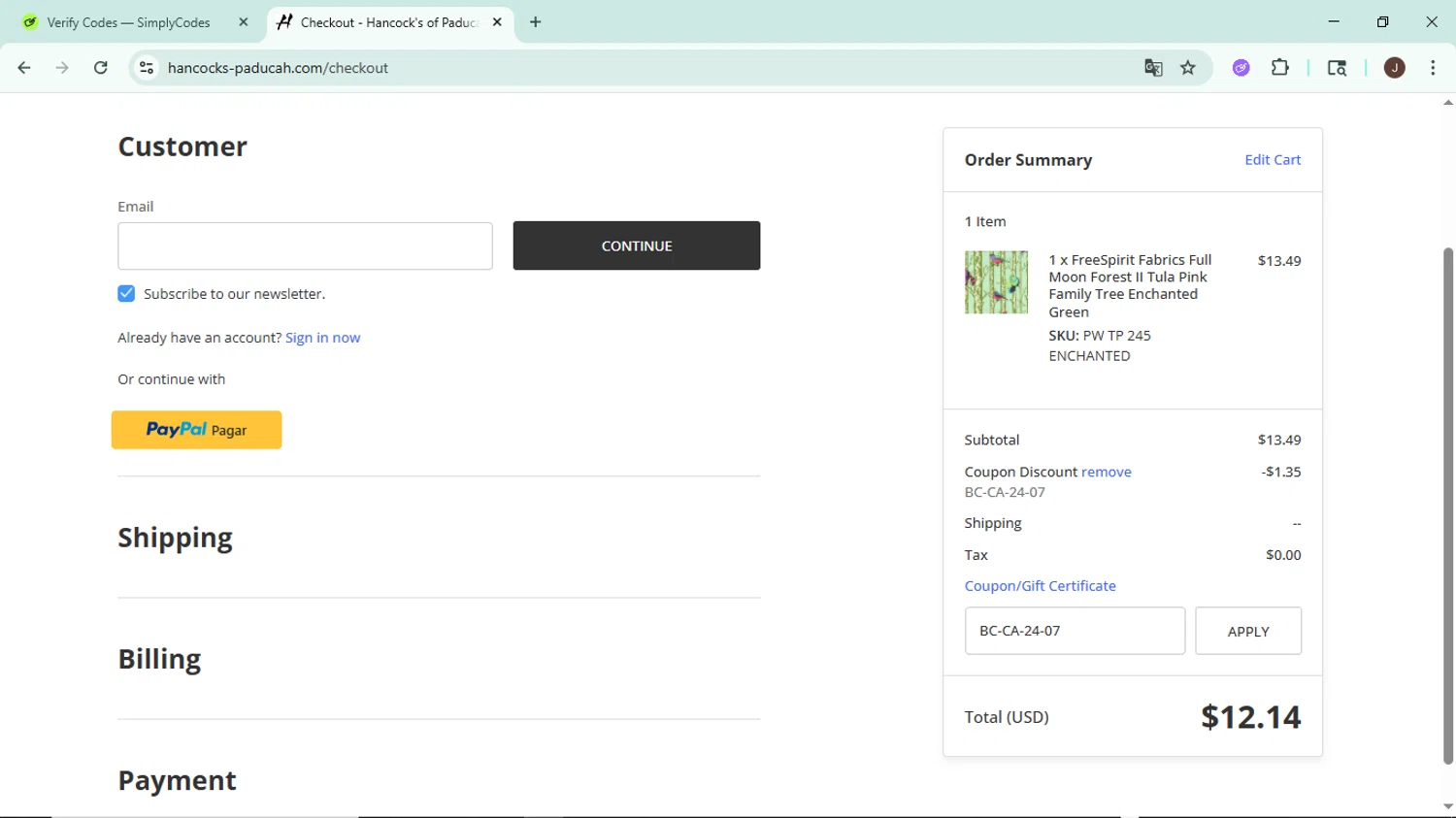 Hancock's of Paducah checkout page showing Hancock's of Paducah coupon code box | Screenshot taken by SimplyCodes community member on May 20, 2025