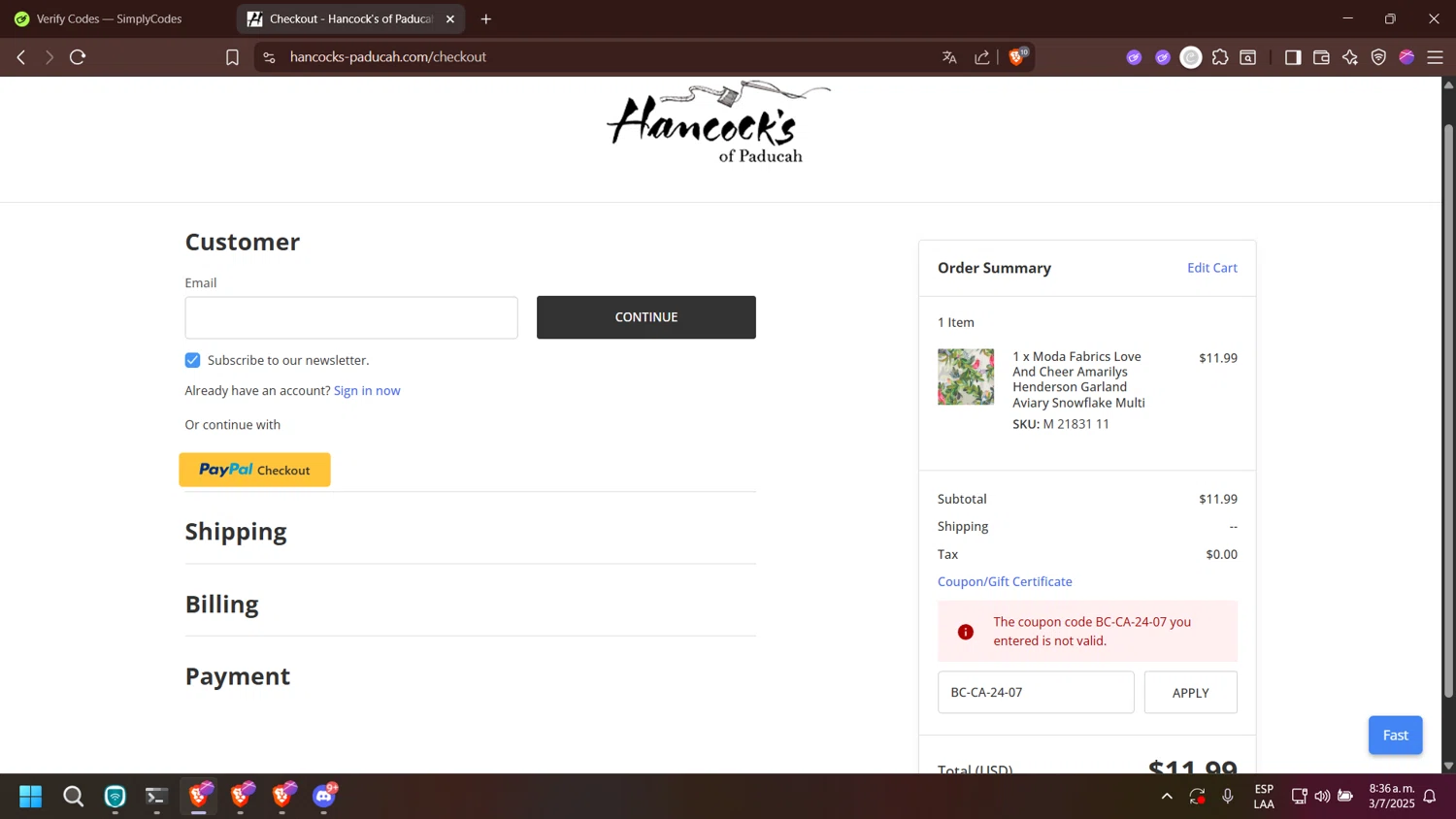 Hancock's of Paducah coupon code screenshot showing code BC-CA-24-07 applied at Hancock's of Paducah checkout page. Uploaded by SimplyCodes community member esperanza on Jul 3, 2025