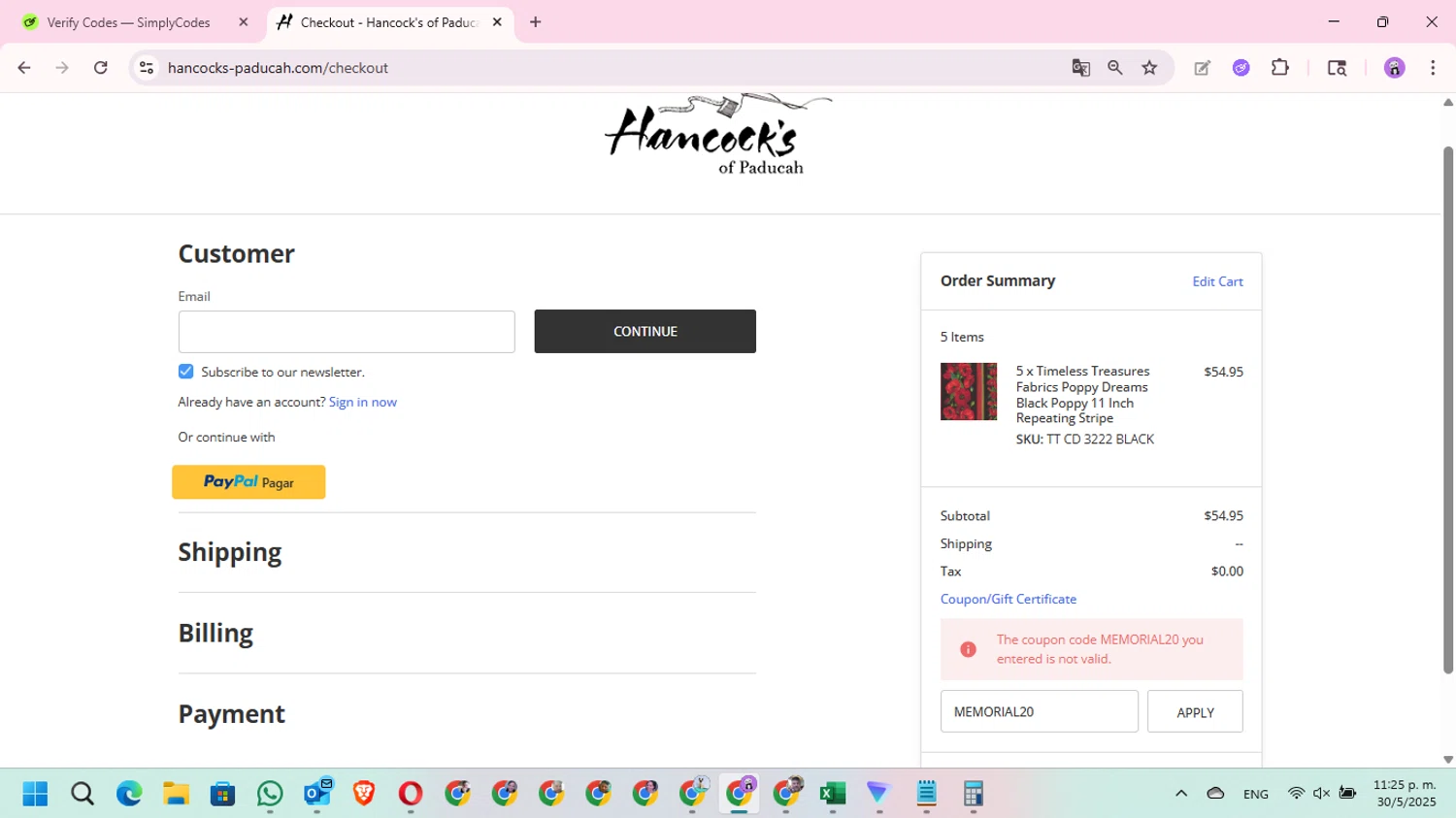 Hancock's of Paducah coupon code screenshot showing code MEMORIAL20 applied at Hancock's of Paducah checkout page. Uploaded by SimplyCodes community member MariAPB on May 31, 2025