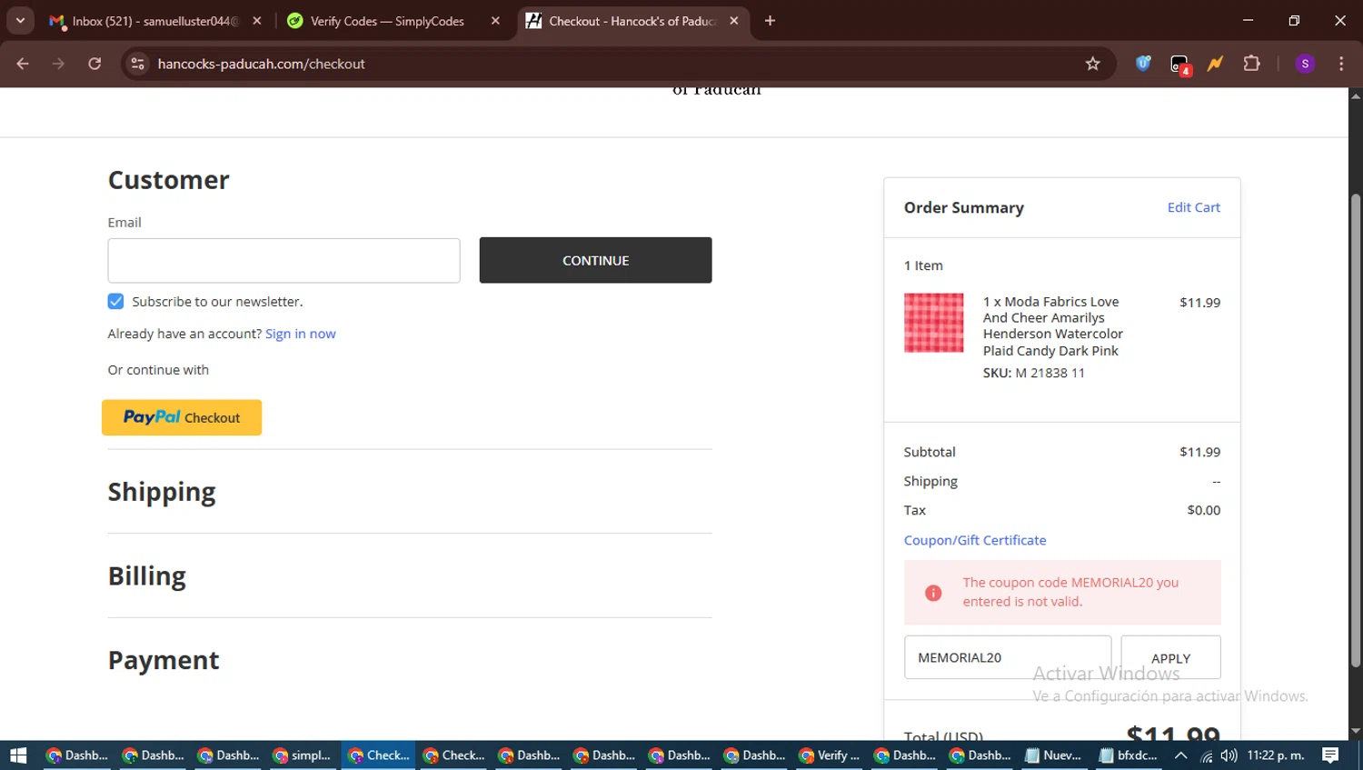 Hancock's of Paducah coupon code screenshot showing code MEMORIAL20 applied at Hancock's of Paducah checkout page. Uploaded by SimplyCodes community member ShieldWarden7838 on May 31, 2025