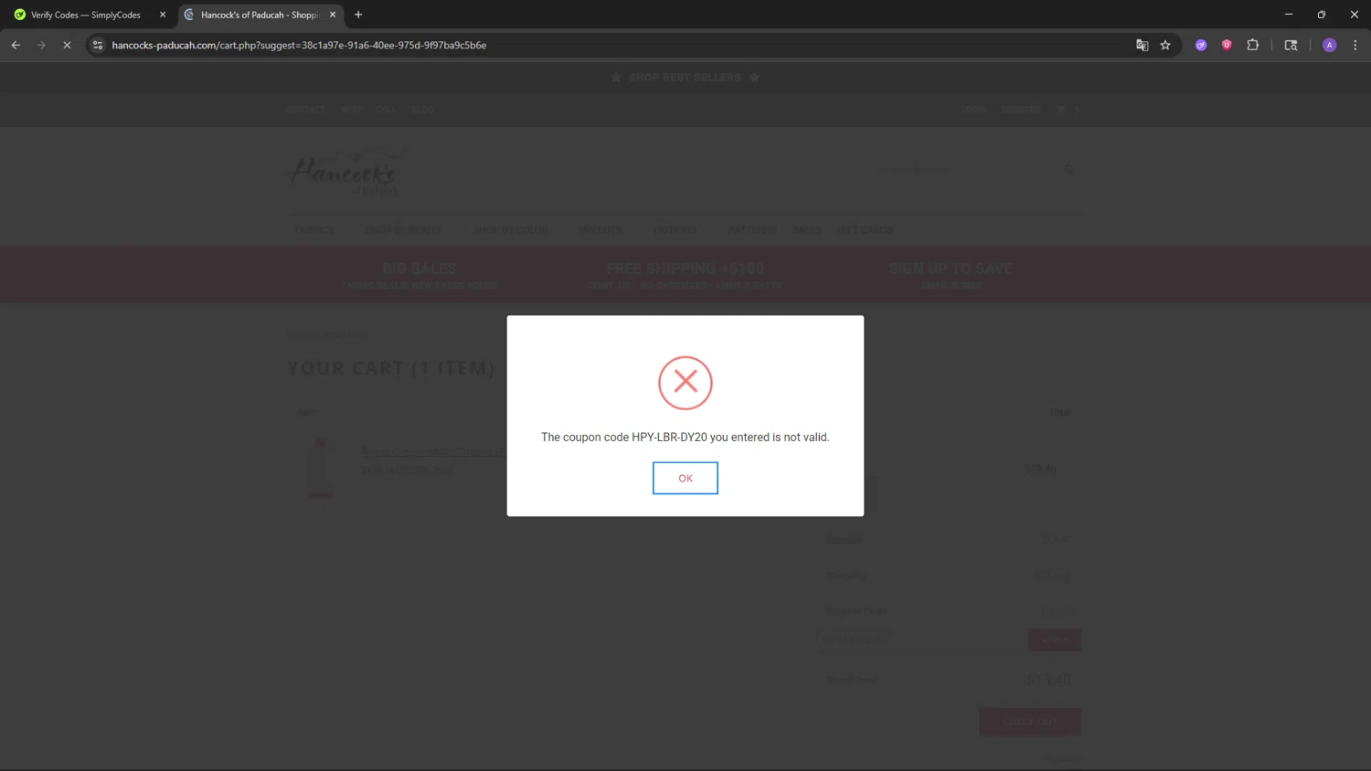 Hancock's of Paducah coupon code screenshot showing code HPY-LBR-DY20 applied at Hancock's of Paducah checkout page. Uploaded by SimplyCodes community member SAKURA on Sep 8, 2025