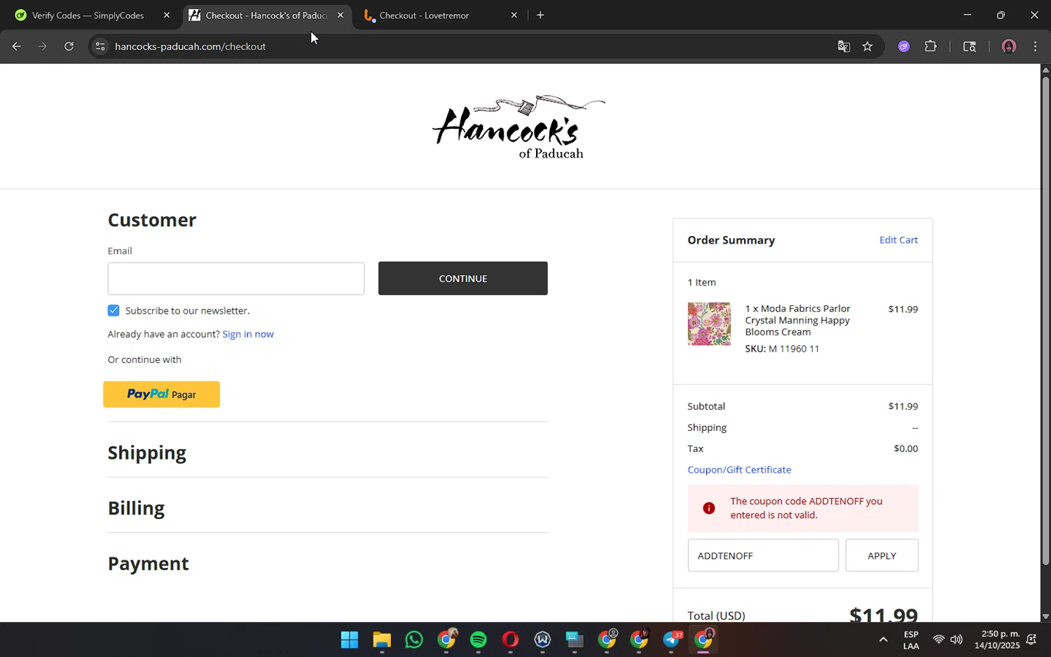 Hancock's of Paducah coupon code screenshot showing code ADDTENOFF applied at Hancock's of Paducah checkout page. Uploaded by SimplyCodes community member ShrewdPilot3521 on Oct 14, 2025