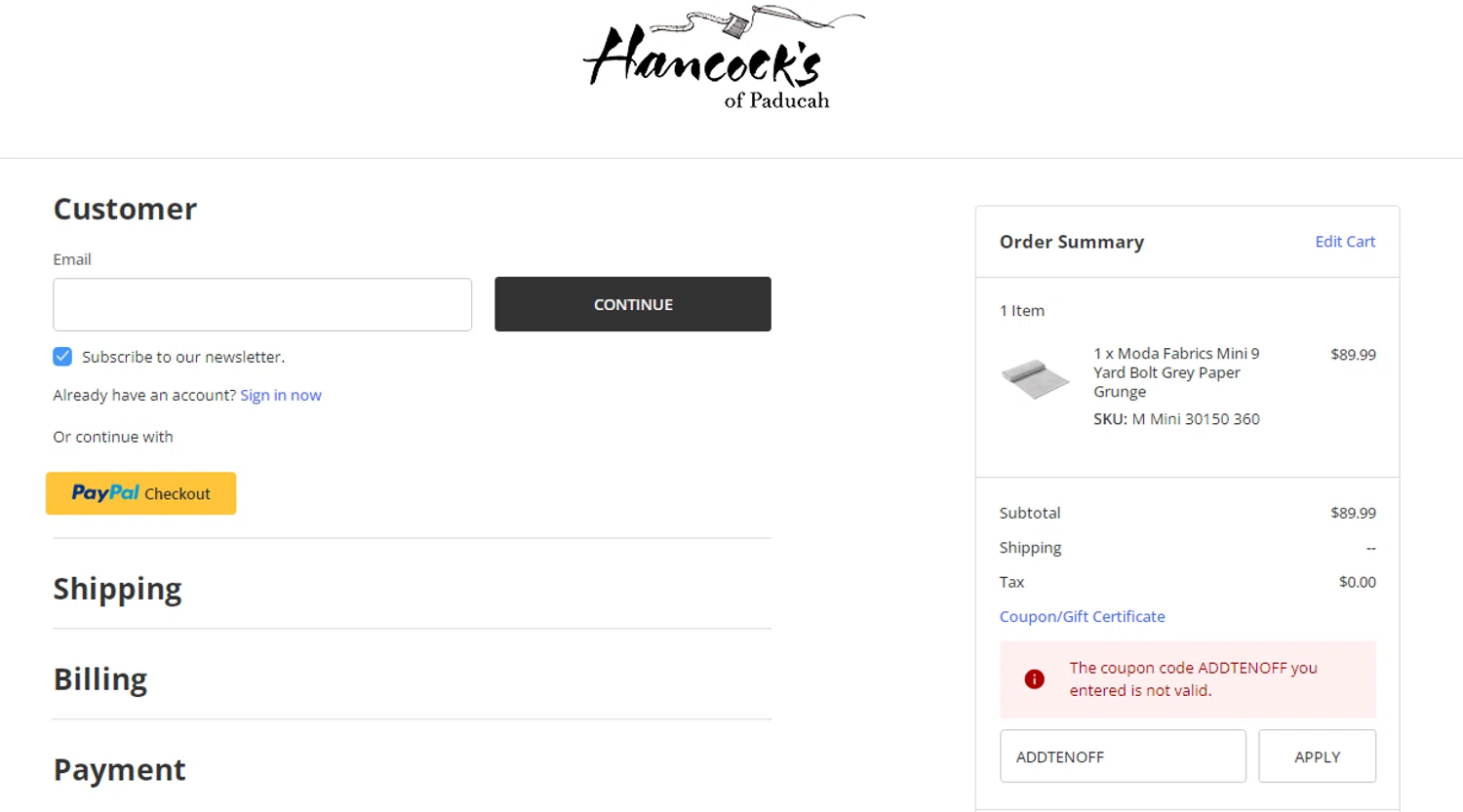 Hancock's of Paducah coupon code screenshot showing code ADDTENOFF applied at Hancock's of Paducah checkout page. Uploaded by SimplyCodes community member Yuskecoder426913 on Oct 14, 2025