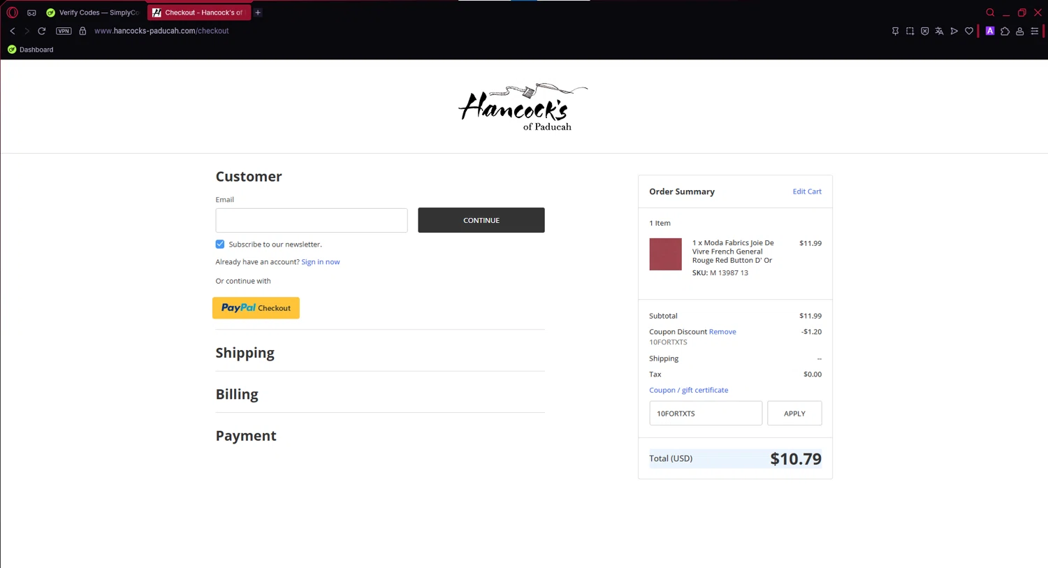 Hancock's of Paducah coupon code screenshot showing code 10FORTXTS applied at Hancock's of Paducah checkout page. Uploaded by SimplyCodes community member TokenChaser2175 on Dec 22, 2025