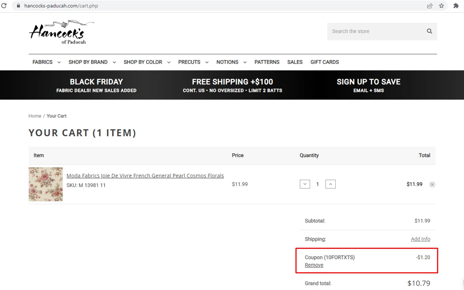 Hancock's of Paducah coupon code screenshot showing code 10FORTXTS applied at Hancock's of Paducah checkout page. Uploaded by SimplyCodes community member nileskamarcano on Nov 25, 2025