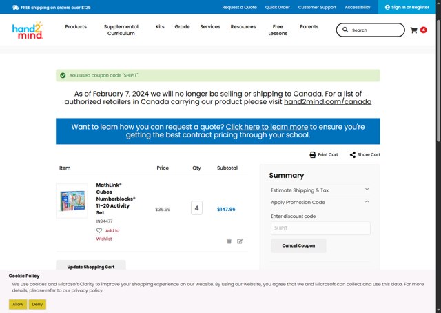 Hand2Mind checkout page showing Hand2Mind promo code box | Screenshot taken by SimplyCodes community member on Apr 17, 2025