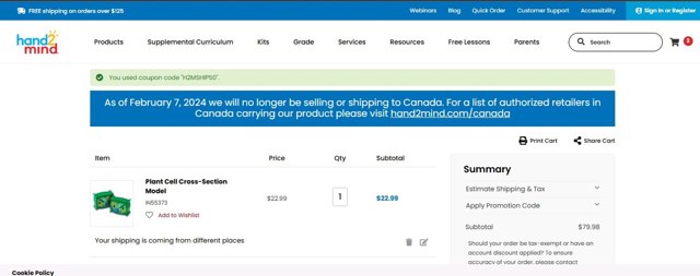 Hand2Mind checkout page showing Hand2Mind promo code box | Screenshot taken by SimplyCodes community member on Jan 20, 2025