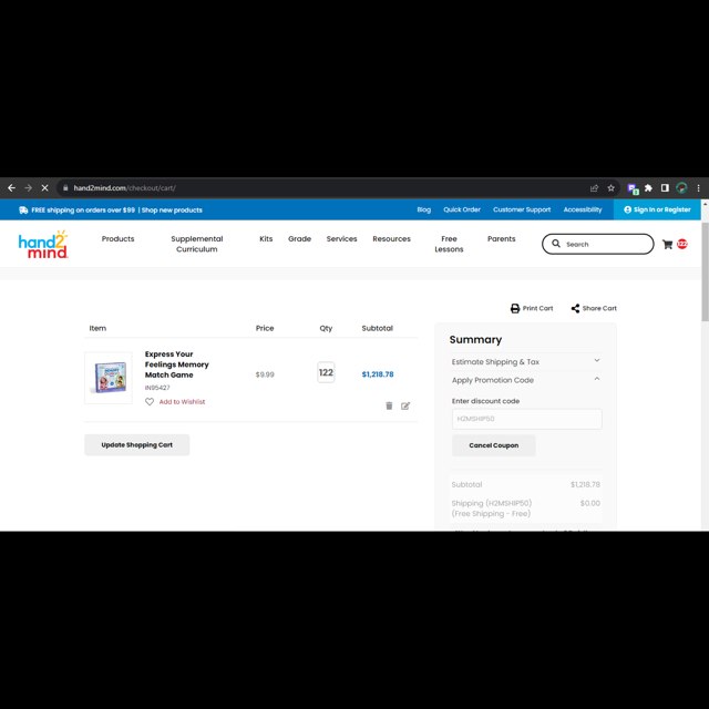 Hand2Mind checkout page showing Hand2Mind promo code box | Screenshot taken by SimplyCodes community member on Sep 7, 2023