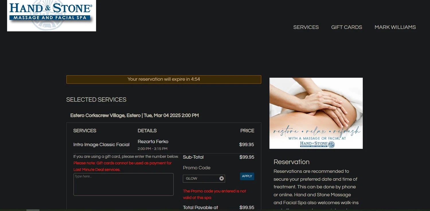 Hand & Stone promo code screenshot showing code GLOW applied at Hand & Stone checkout page. Uploaded by SimplyCodes community member Nor_man on Mar 4, 2025