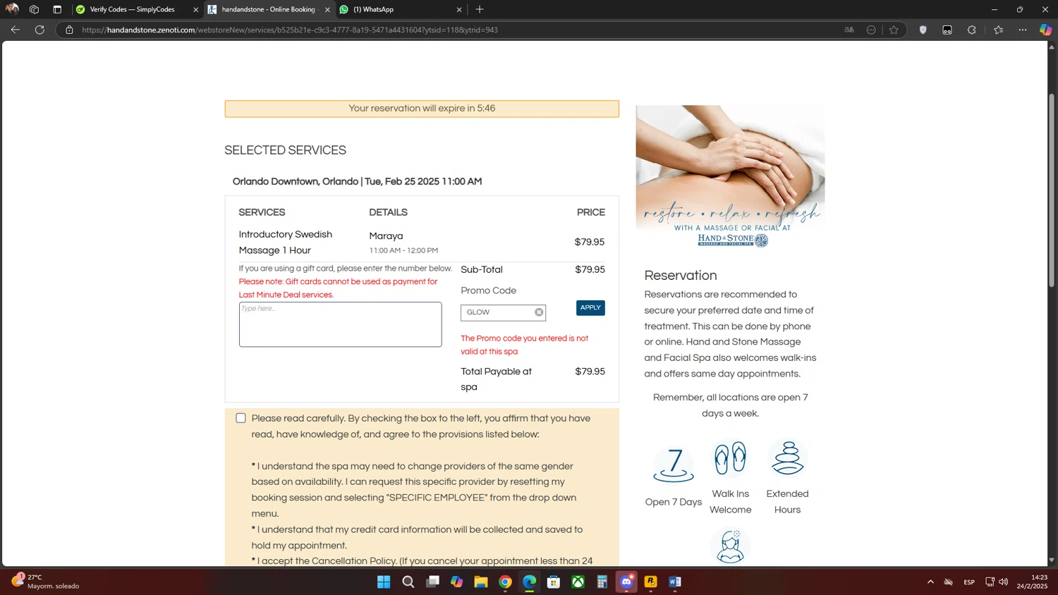 Hand & Stone checkout page showing Hand & Stone promo code box | Screenshot taken by SimplyCodes community member on Feb 24, 2025