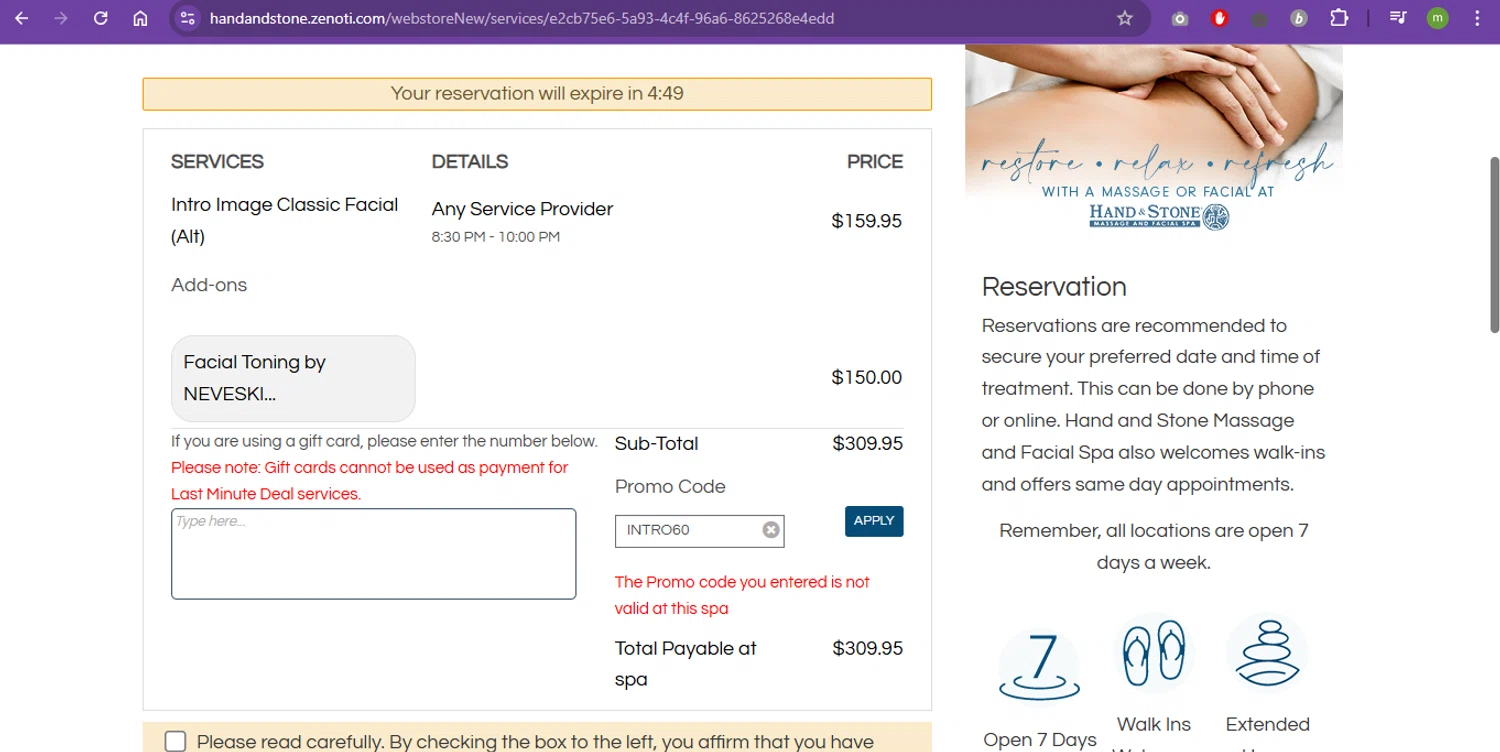 Hand & Stone promo code screenshot showing code INTRO60 applied at Hand & Stone checkout page. Uploaded by SimplyCodes community member eduardolopez on Feb 11, 2025