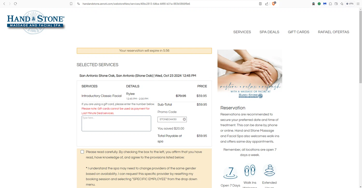 Hand & Stone checkout page showing Hand & Stone promo code box | Screenshot taken by SimplyCodes community member on Oct 8, 2024