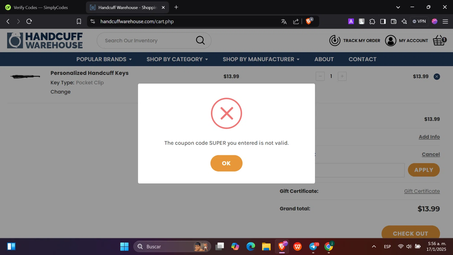 Handcuff Warehouse coupon code screenshot showing code SUPER applied at Handcuff Warehouse checkout page. Uploaded by SimplyCodes community member hanzell2 on Jan 17, 2025