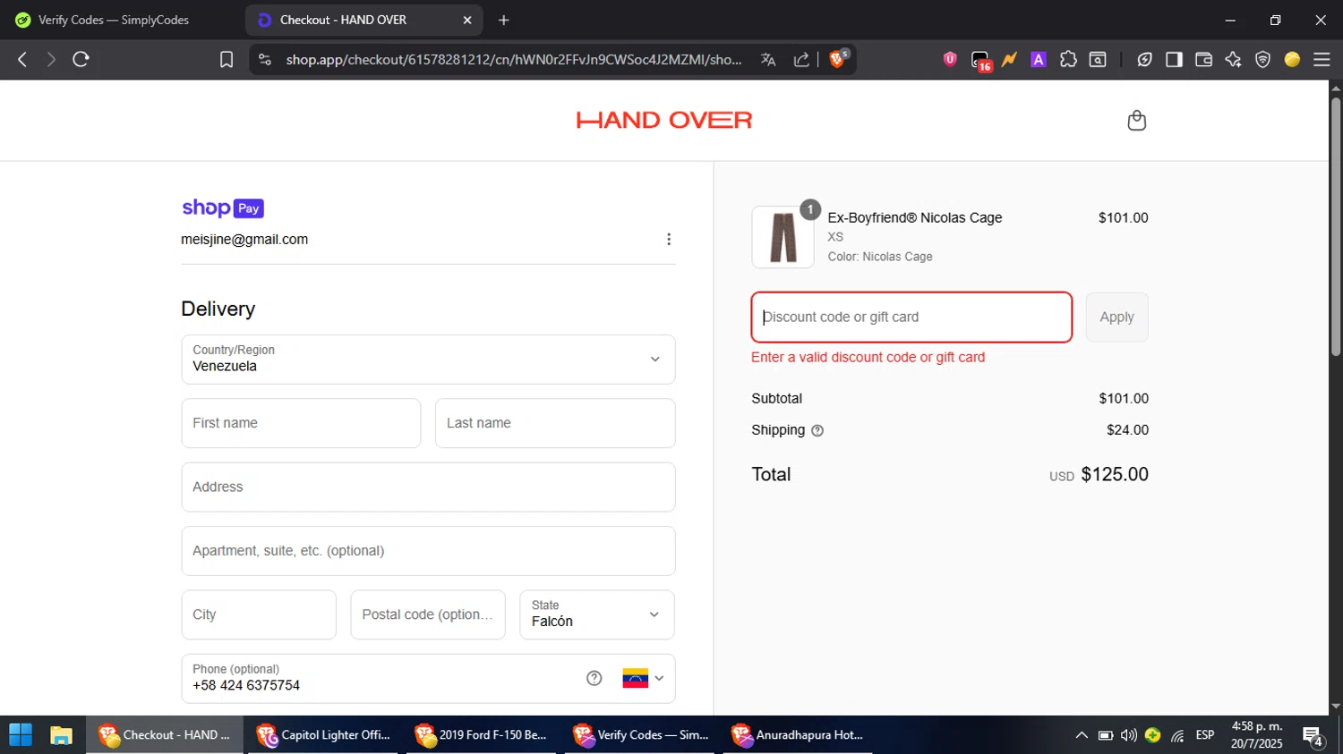 HAND OVER discount code screenshot showing code ARIS30 applied at HAND OVER checkout page. Uploaded by SimplyCodes community member MoneyPilot9165 on Jul 20, 2025