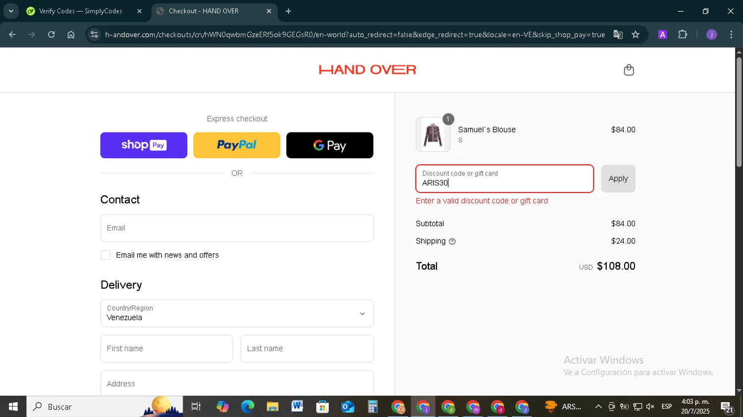 HAND OVER discount code screenshot showing code ARIS30 applied at HAND OVER checkout page. Uploaded by SimplyCodes community member TAZ2024 on Jul 20, 2025