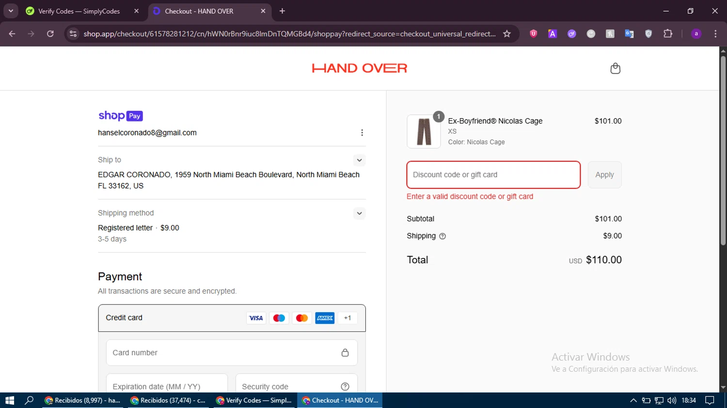 HAND OVER discount code screenshot showing code ARIS30 applied at HAND OVER checkout page. Uploaded by SimplyCodes community member thethru on Jul 20, 2025