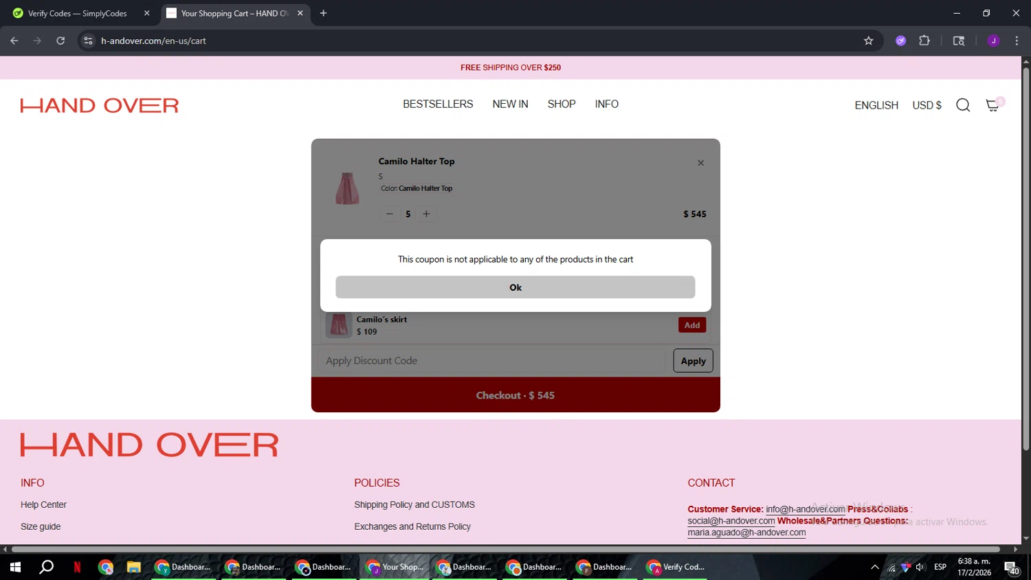 HAND OVER discount code screenshot showing code TEAM20 applied at HAND OVER checkout page. Uploaded by SimplyCodes community member ComeBurra123 on Feb 17, 2026
