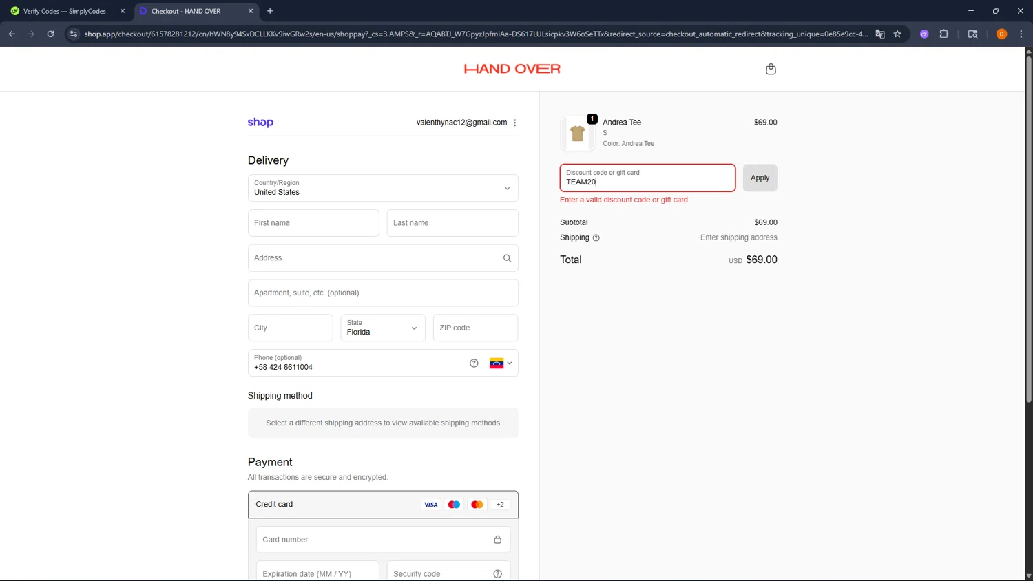 HAND OVER discount code screenshot showing code TEAM20 applied at HAND OVER checkout page. Uploaded by SimplyCodes community member FrugalFalcon351 on Feb 19, 2026