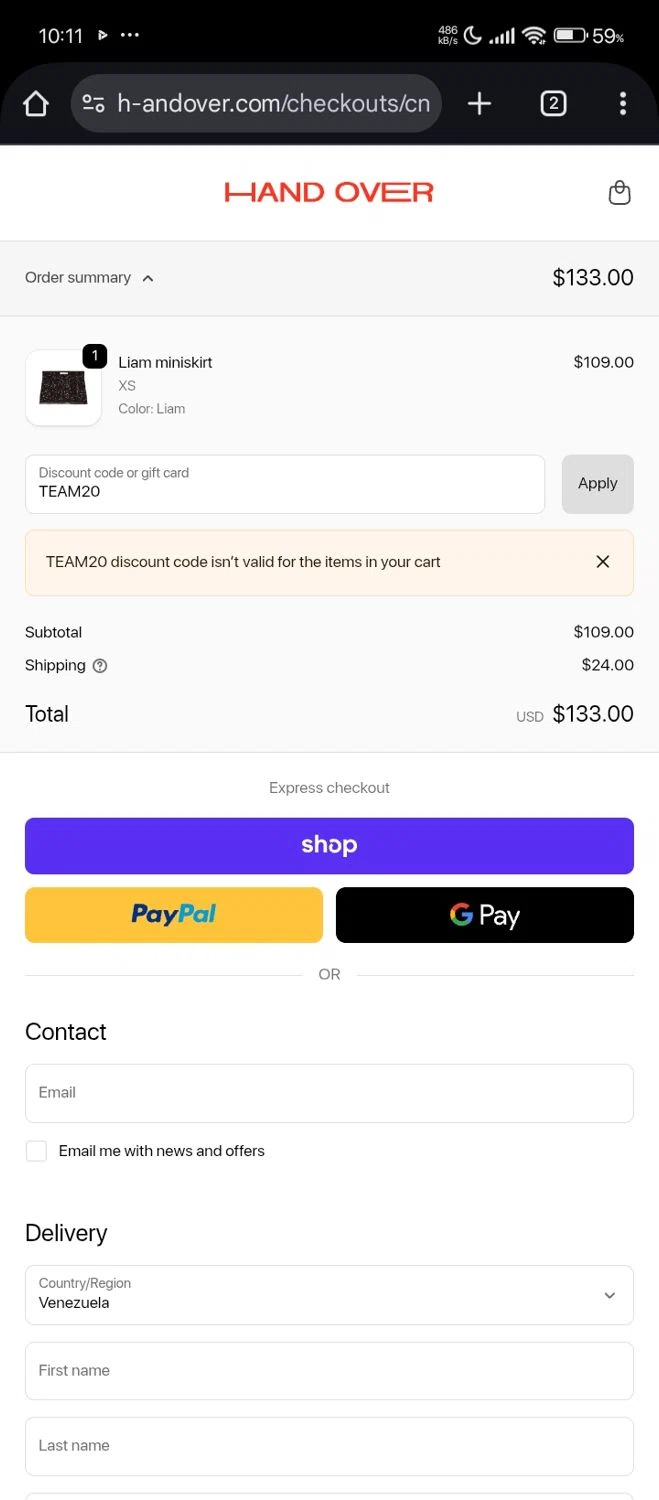 HAND OVER checkout page showing HAND OVER discount code box | Screenshot taken by SimplyCodes community member on Nov 18, 2025