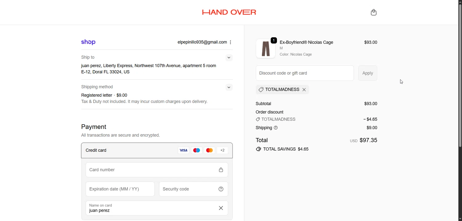 HAND OVER checkout page showing HAND OVER discount code box | Screenshot taken by SimplyCodes community member on Nov 27, 2025