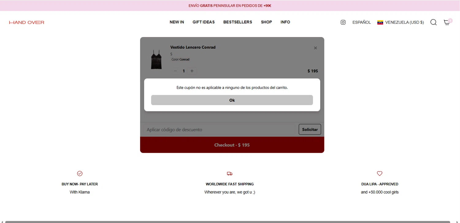 HAND OVER discount code screenshot showing code TOTALMADNESS applied at HAND OVER checkout page. Uploaded by SimplyCodes community member MagnifiHero3476 on Dec 23, 2025