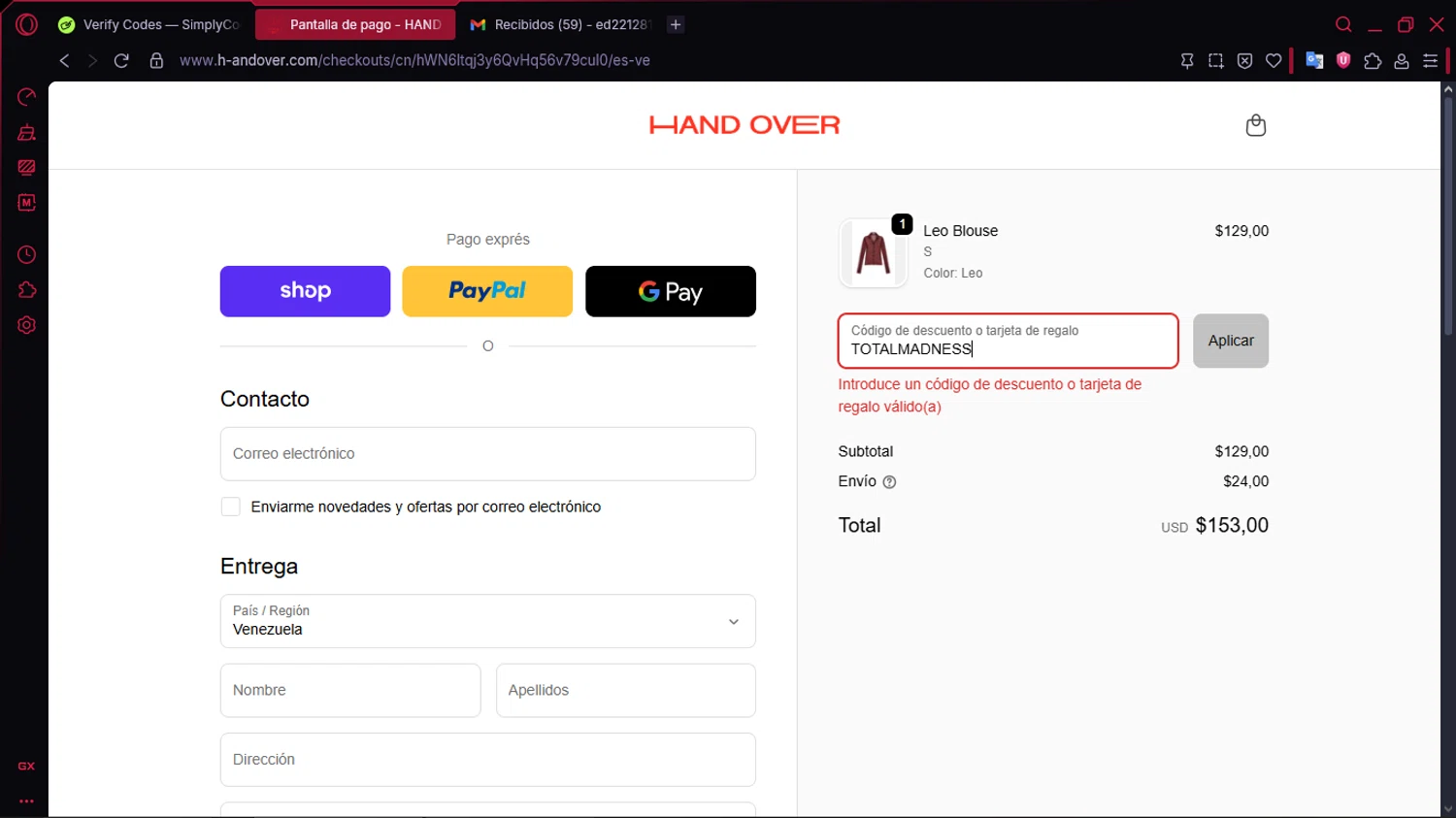 HAND OVER discount code screenshot showing code TOTALMADNESS applied at HAND OVER checkout page. Uploaded by SimplyCodes community member RewardLion134 on Dec 23, 2025