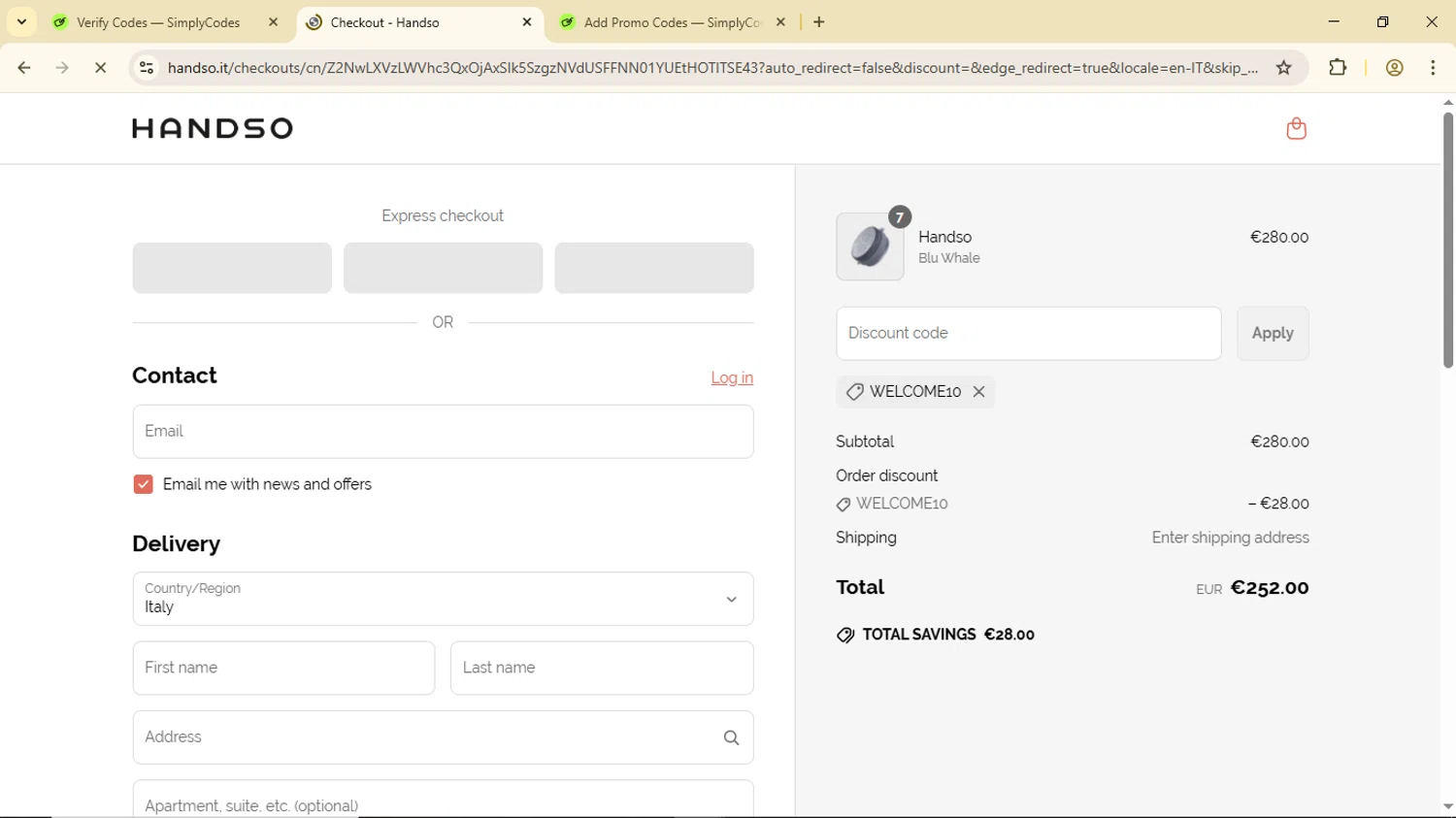 Handso promo code screenshot showing code WELCOME10 applied at Handso checkout page. Uploaded by SimplyCodes community member Luisitoxd12 on Jun 21, 2025