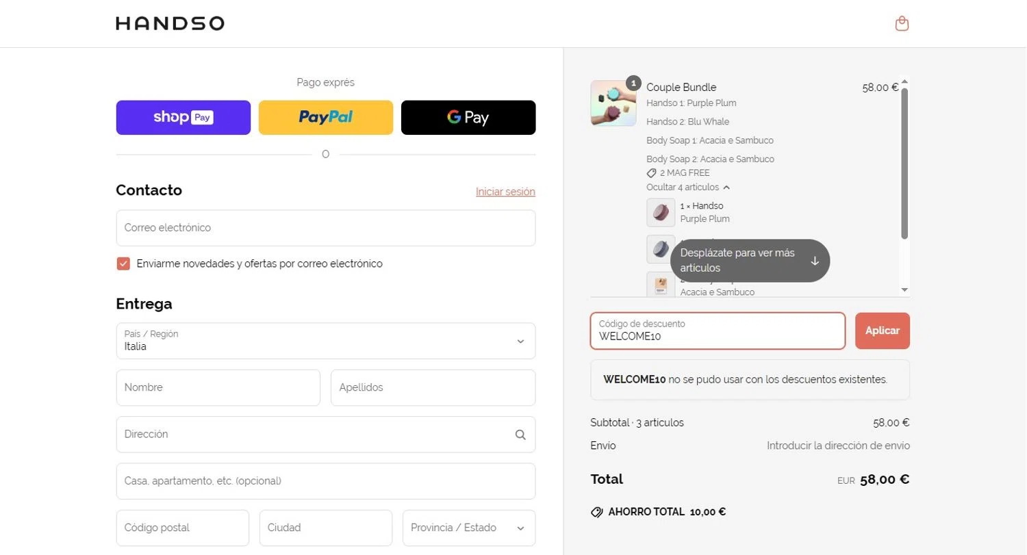 Handso promo code screenshot showing code WELCOME10 applied at Handso checkout page. Uploaded by SimplyCodes community member PennyScholar167 on Mar 28, 2025