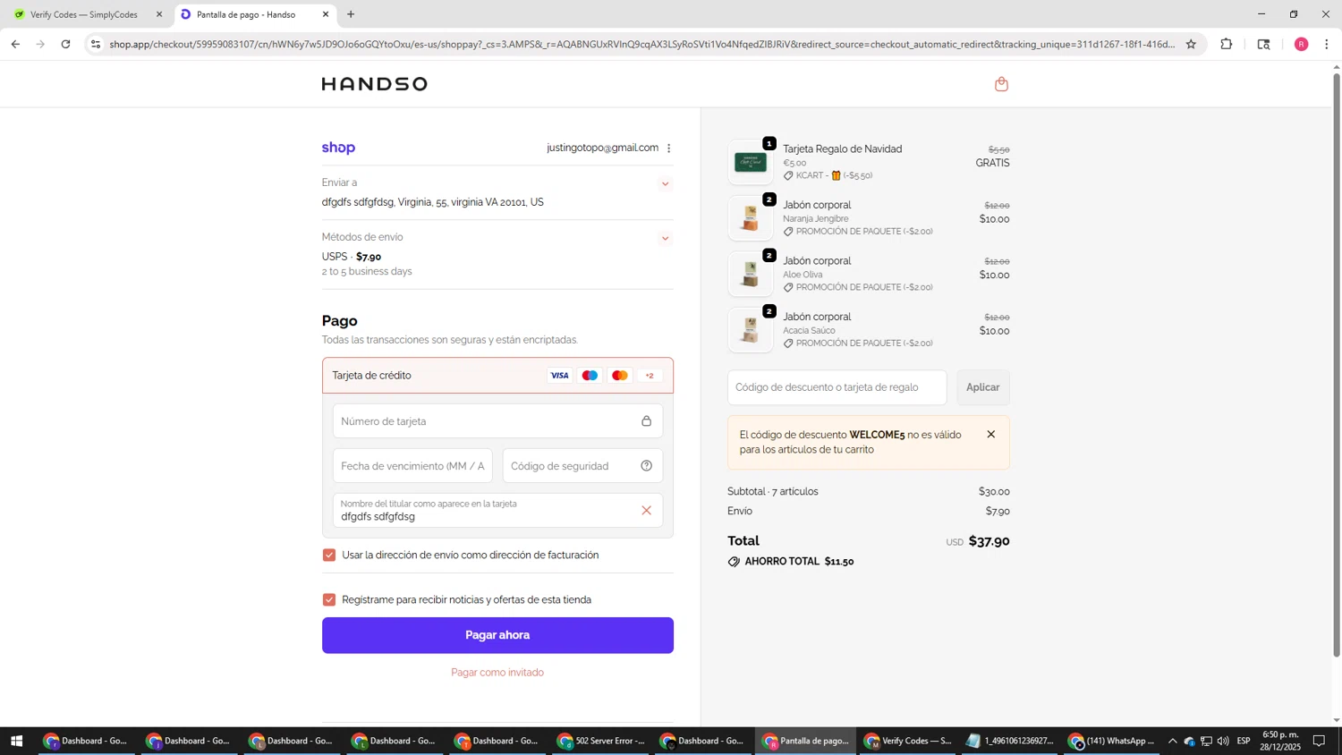 Handso promo code screenshot showing code WELCOME5 applied at Handso checkout page. Uploaded by SimplyCodes community member TTTT55 on Dec 28, 2025