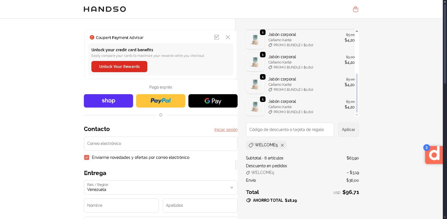 Handso promo code screenshot showing code WELCOME5 applied at Handso checkout page. Uploaded by SimplyCodes community member Serdanvz on Dec 28, 2025