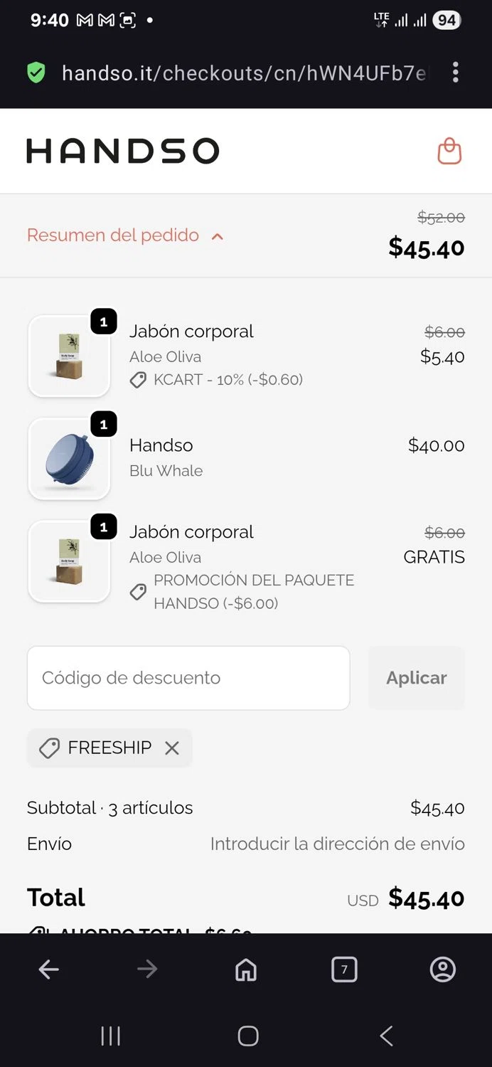 Handso promo code screenshot showing code Freeship applied at Handso checkout page. Uploaded by SimplyCodes community member vida5254427716958 on Oct 24, 2025