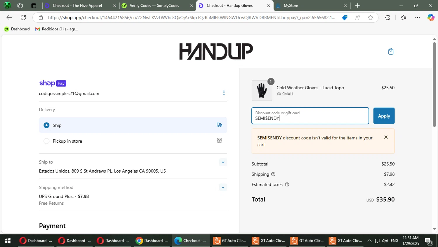 Handup Gloves promo code screenshot showing code SEMI$ENDY applied at Handup Gloves checkout page. Uploaded by SimplyCodes community member TrevorPhilips on Jan 29, 2025