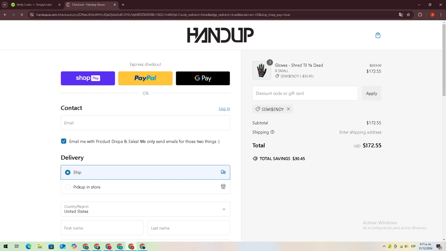 Handup Gloves promo code screenshot showing code SEMI$ENDY applied at Handup Gloves checkout page. Uploaded by SimplyCodes community member zxxx27 on Dec 31, 2024