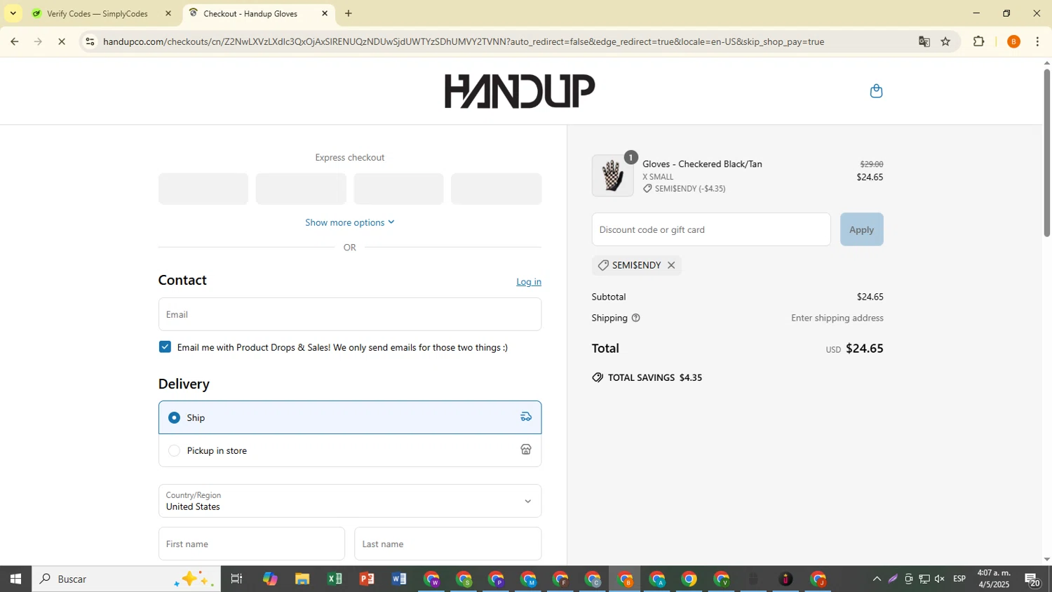 Handup Gloves promo code screenshot showing code SEMI$ENDY applied at Handup Gloves checkout page. Uploaded by SimplyCodes community member TreasureWarden2401 on May 4, 2025