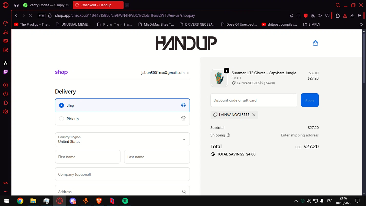 Handup Gloves promo code screenshot showing code LAINVANOGLE$$$ applied at Handup Gloves checkout page. Uploaded by SimplyCodes community member Anteserachido on Oct 19, 2025