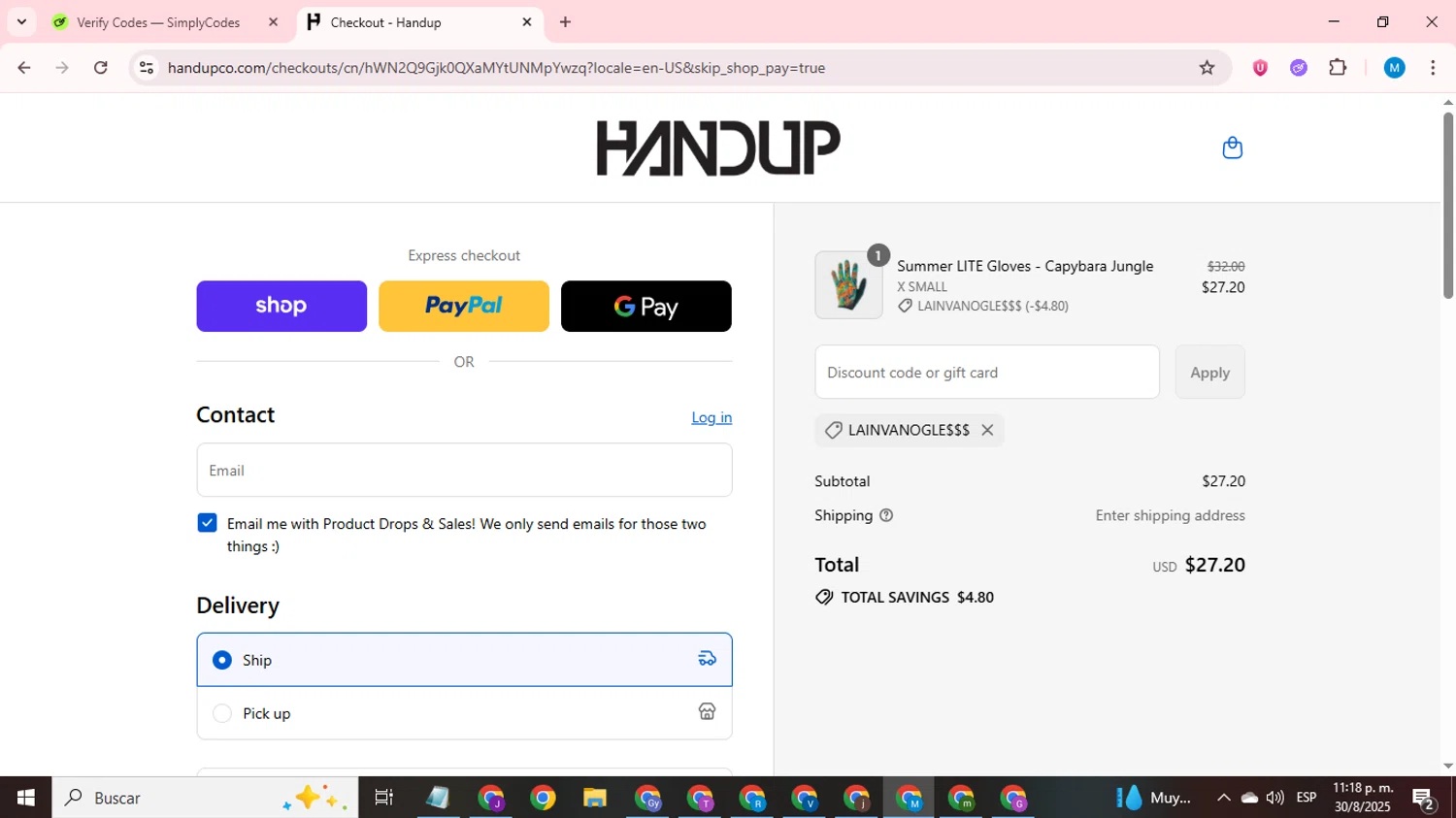 Handup Gloves promo code screenshot showing code LAINVANOGLE$$$ applied at Handup Gloves checkout page. Uploaded by SimplyCodes community member LegendaryCurator1585 on Aug 31, 2025