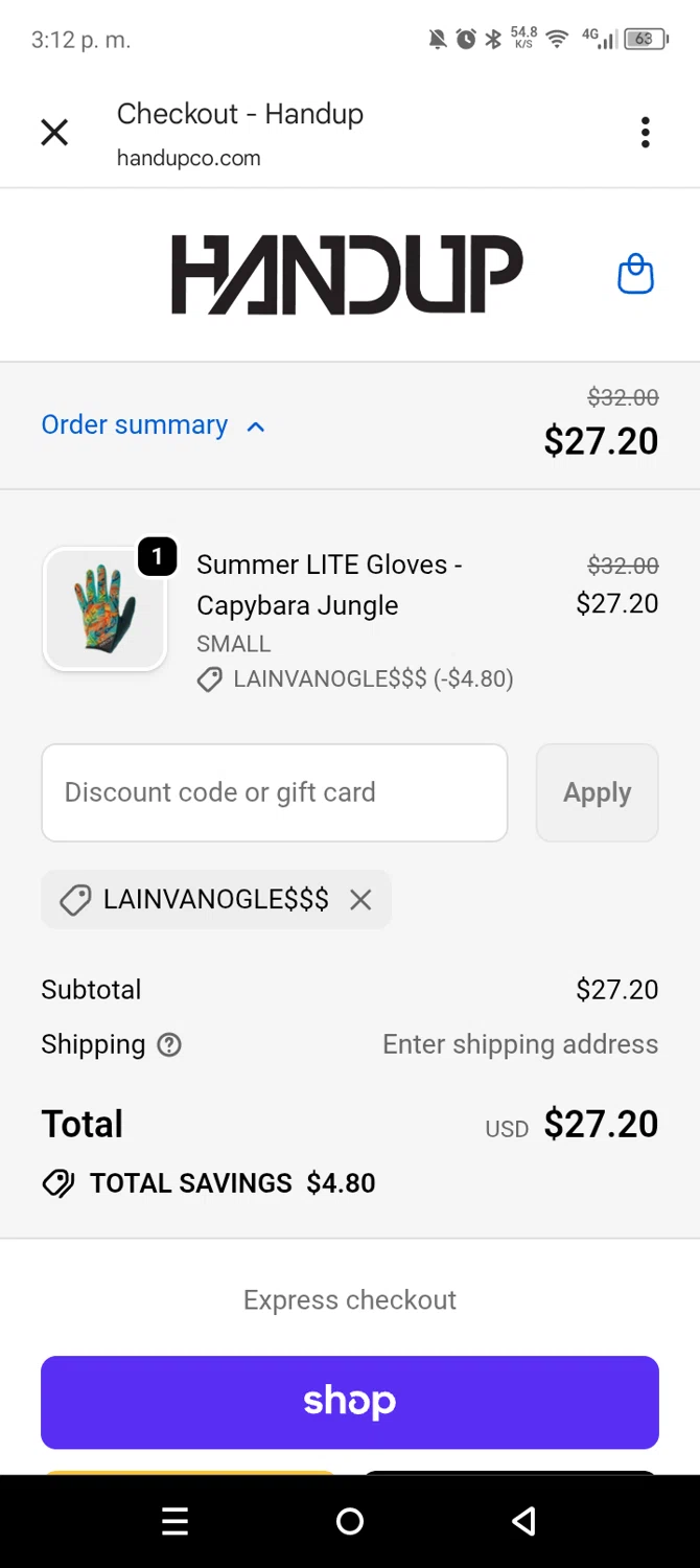 Handup Gloves promo code screenshot showing code LAINVANOGLE$$$ applied at Handup Gloves checkout page. Uploaded by SimplyCodes community member leiraM on Oct 27, 2025