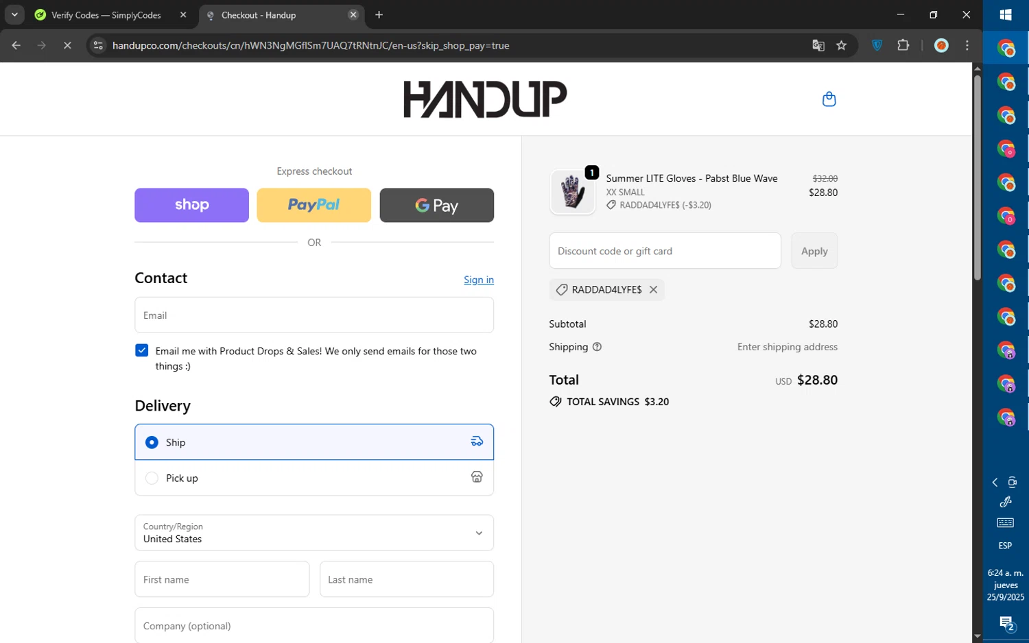Handup Gloves promo code screenshot showing code RADDAD4LYFE$ applied at Handup Gloves checkout page. Uploaded by SimplyCodes community member SalePhoenix823 on Sep 25, 2025