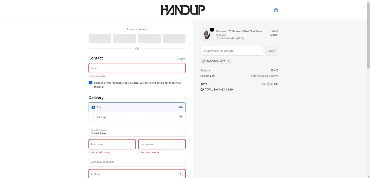 Handup Gloves promo code screenshot showing code RADDAD4LYFE$ applied at Handup Gloves checkout page. Uploaded by SimplyCodes community member ValiantAce1810 on Oct 15, 2025